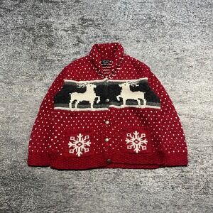 Vintage Limited Handknit Cardigan Sweater Womens Small Red Wool Reindeer Cozy